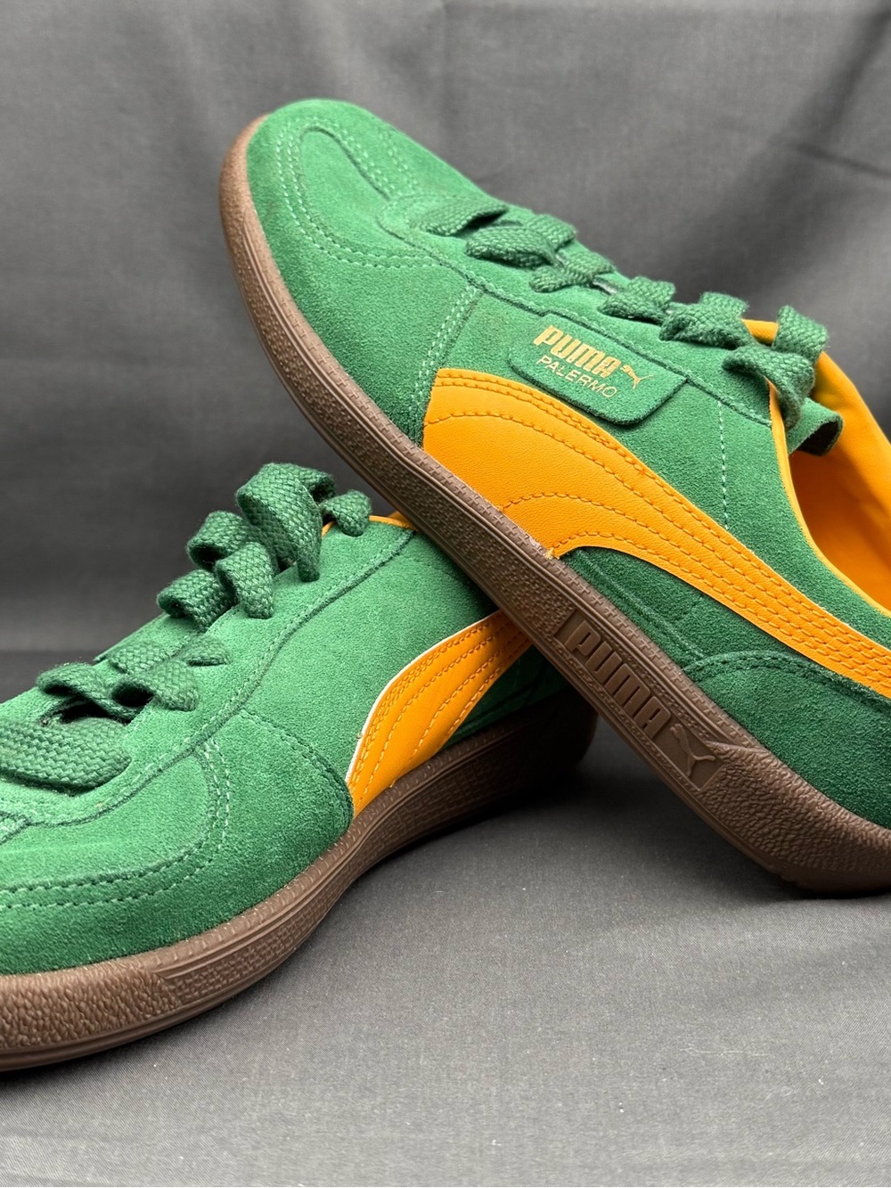 Puma Men's Green Suede Sneakers with Yellow Stripe